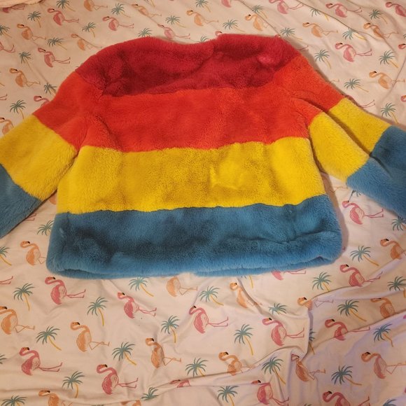 New York & Company Rainbow Striped Colorful Fluffy Faux Fur Coat - Picture 4 of 7